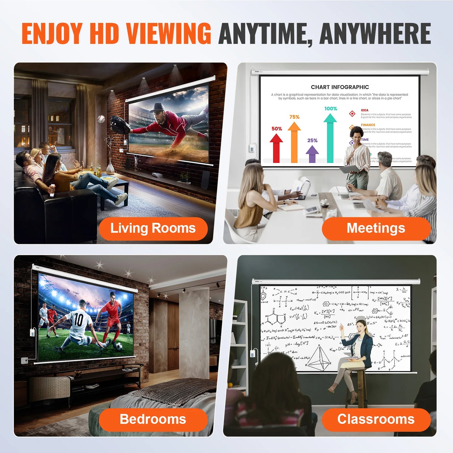 Electric Motorized Projector Screen 100/120 Inch 16:9 4K 1080 HD Wall Mount Movie Screen for Family Home Office Theater