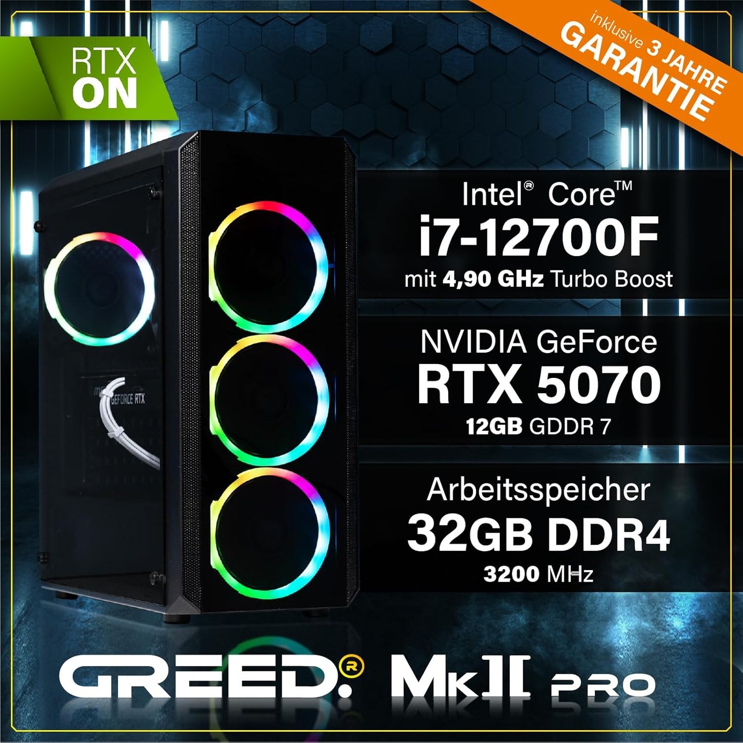 Greed® MK2 Pro - High End Gaming PC - Intel Core I7 12700F + Nvidia Geforce RTX 5070 12GB - Schneller RGB Computer + 4K Rechner Mit 5,2 GHZ - 32 GB DDR4 RAM - Wasserkühlung - 1TB SSD - WLAN + W11 Pro