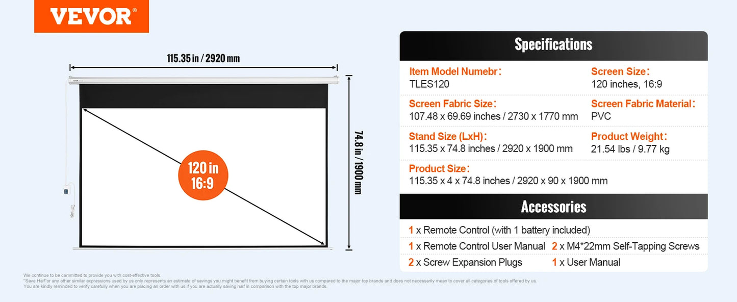 Electric Motorized Projector Screen 100/120 Inch 16:9 4K 1080 HD Wall Mount Movie Screen for Family Home Office Theater