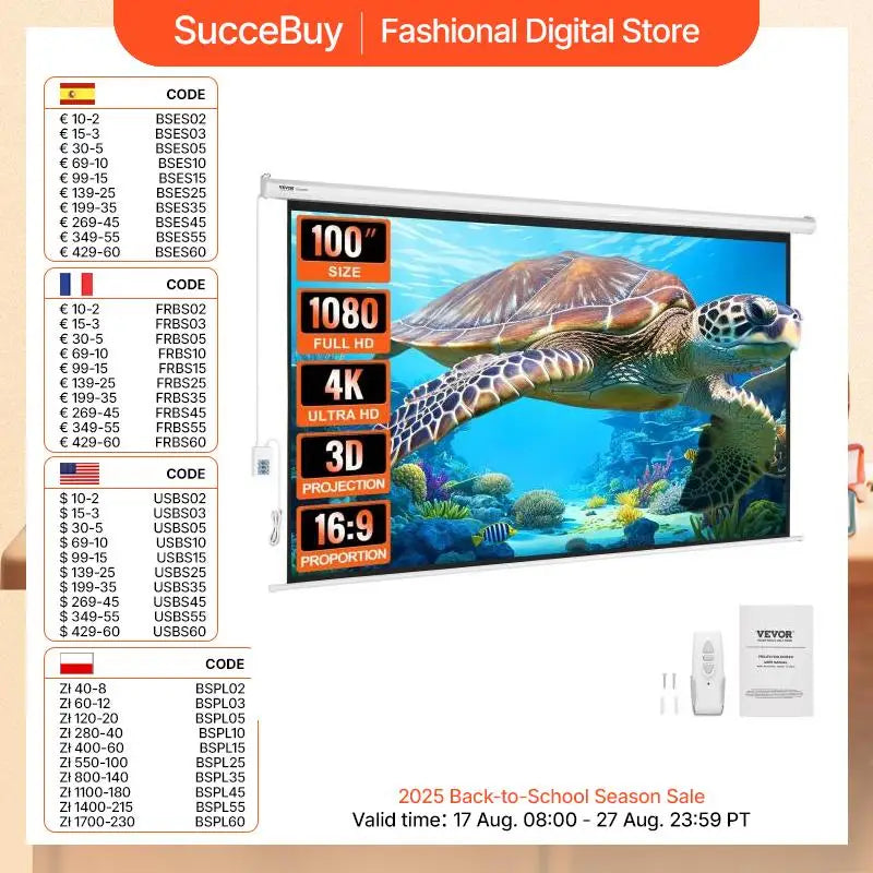 Electric Motorized Projector Screen 100/120 Inch 16:9 4K 1080 HD Wall Mount Movie Screen for Family Home Office Theater