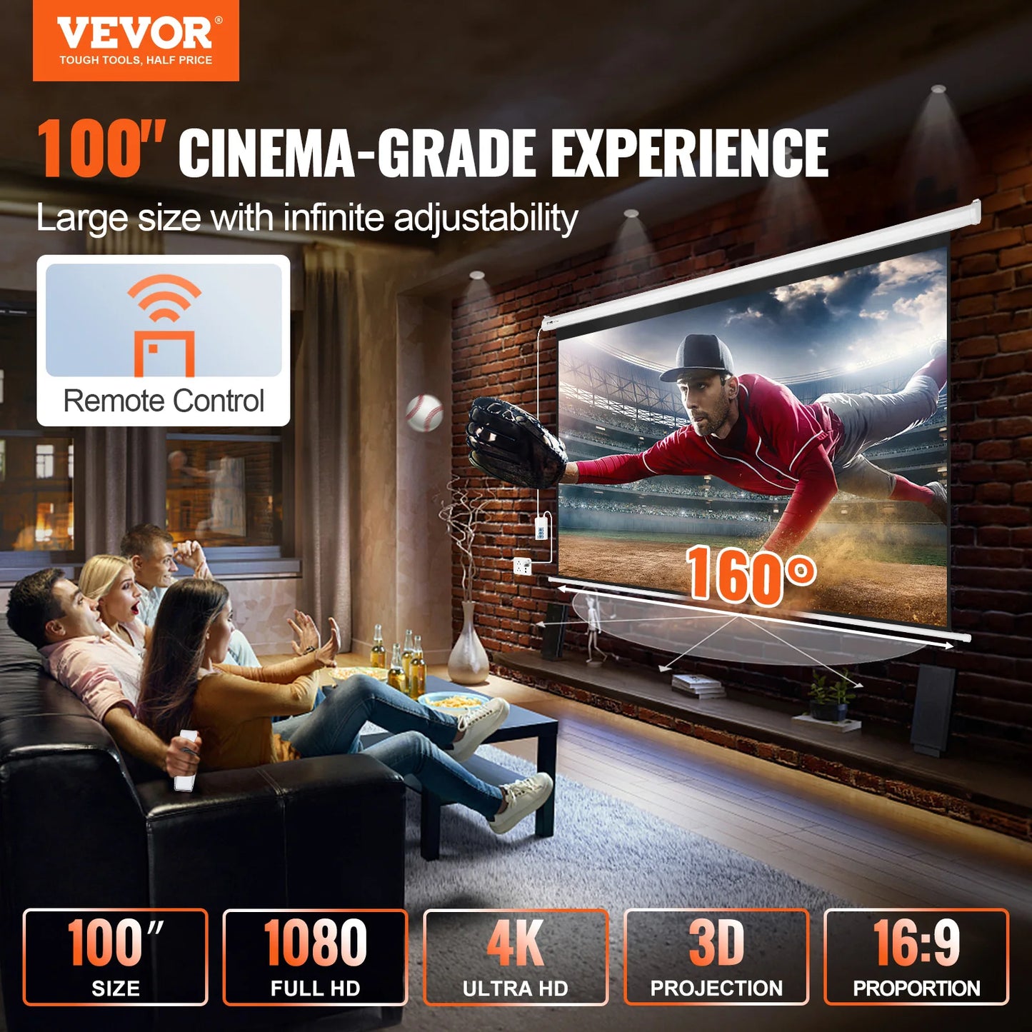 Electric Motorized Projector Screen 100/120 Inch 16:9 4K 1080 HD Wall Mount Movie Screen for Family Home Office Theater