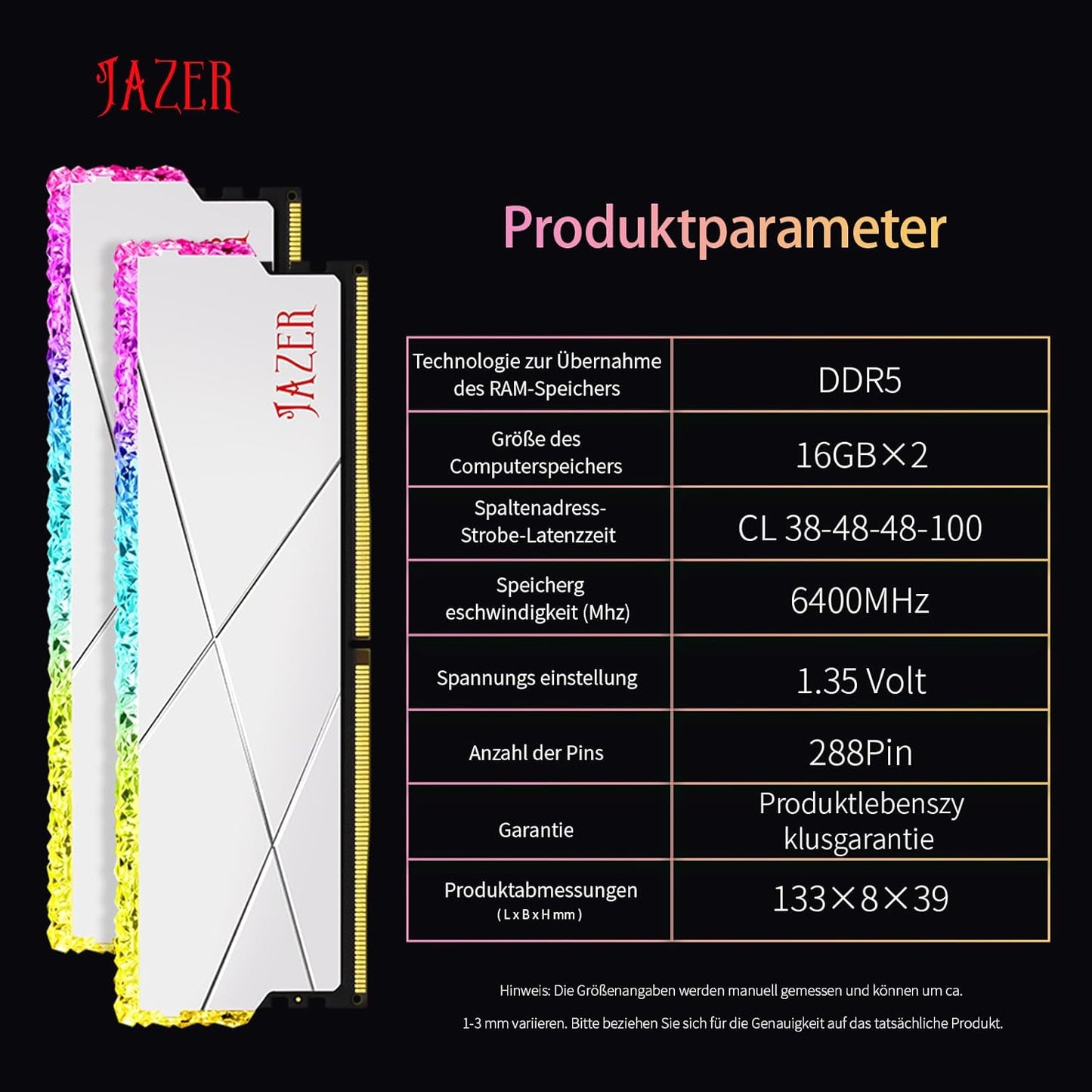 RAM DDR5 32GB Kit(16Gb X 2) RGB 6400Mhz, DRAM 288-Pin UDIMM Desktop Memory, Hochleistungs Gaming-Arbeitsspeicher Für XMP 3.0/Expo,Cl38, 1.25V