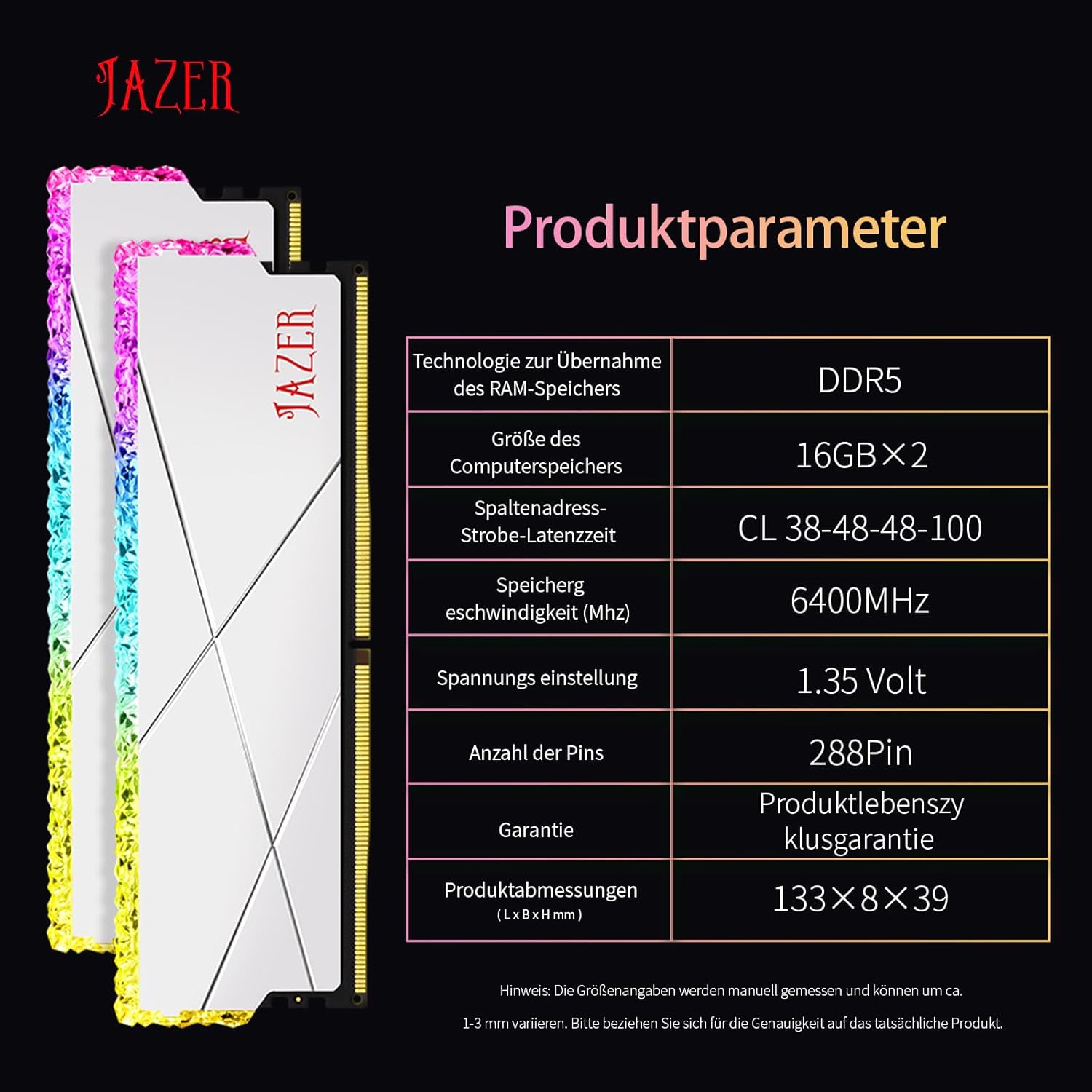 RAM DDR5 32GB Kit(16Gb X 2) RGB 6400Mhz, DRAM 288-Pin UDIMM Desktop Memory, Hochleistungs Gaming-Arbeitsspeicher Für XMP 3.0/Expo,Cl38, 1.25V